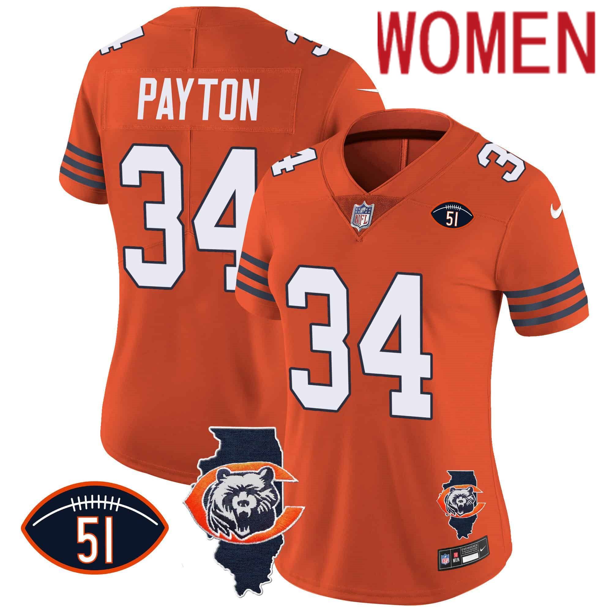Women Chicago Bears #34 Payton Orange 2024 Nike Throwback Illinois Patch Vapor NFL Jersey->women nfl jersey->Women Jersey